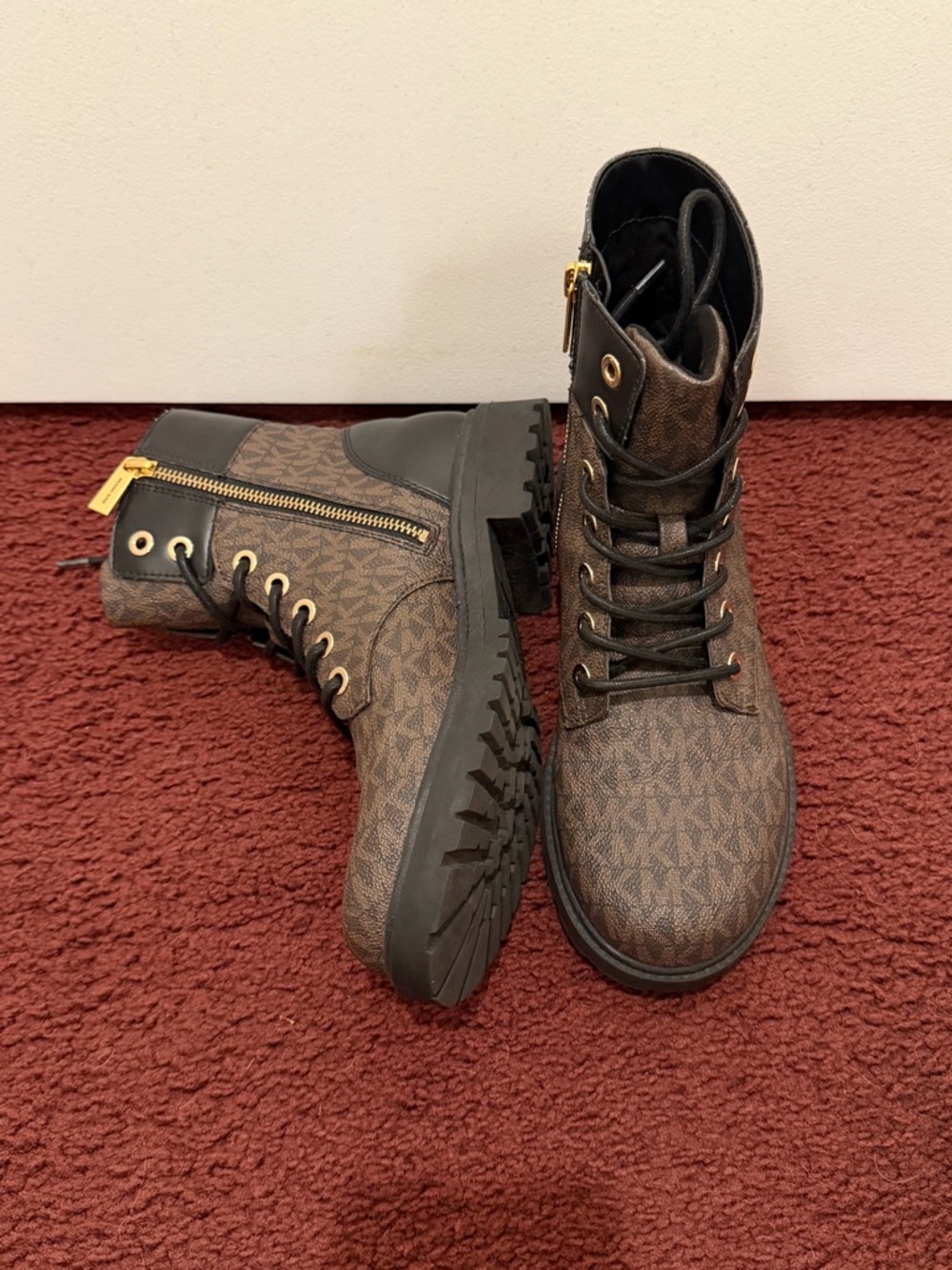 Michael Kors Brown Logo Lace-Up Combat Boots with Gold Hardware